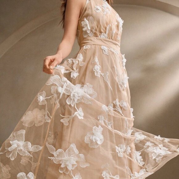 Apricot Elegant Women's 3D Floral Rhinestone Mesh Sleeveless Fitted Waist Dress - Picture 4 of 7